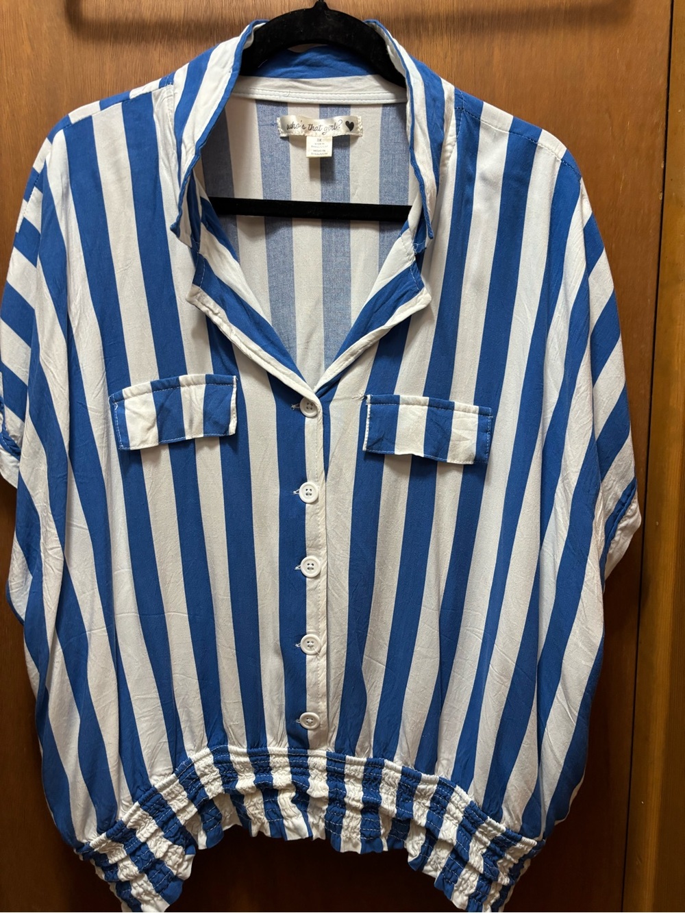 Blue and White Vertical Stripe Short Sleeve Shirt